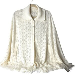 Vintage Poncho Elegant Cream Women's Sweater with Fringe